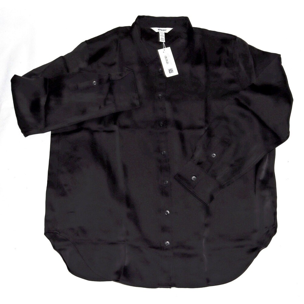 Spanx Better Than Silk‎ Classic Black Women's Button-Front Shirt Size Large NWT